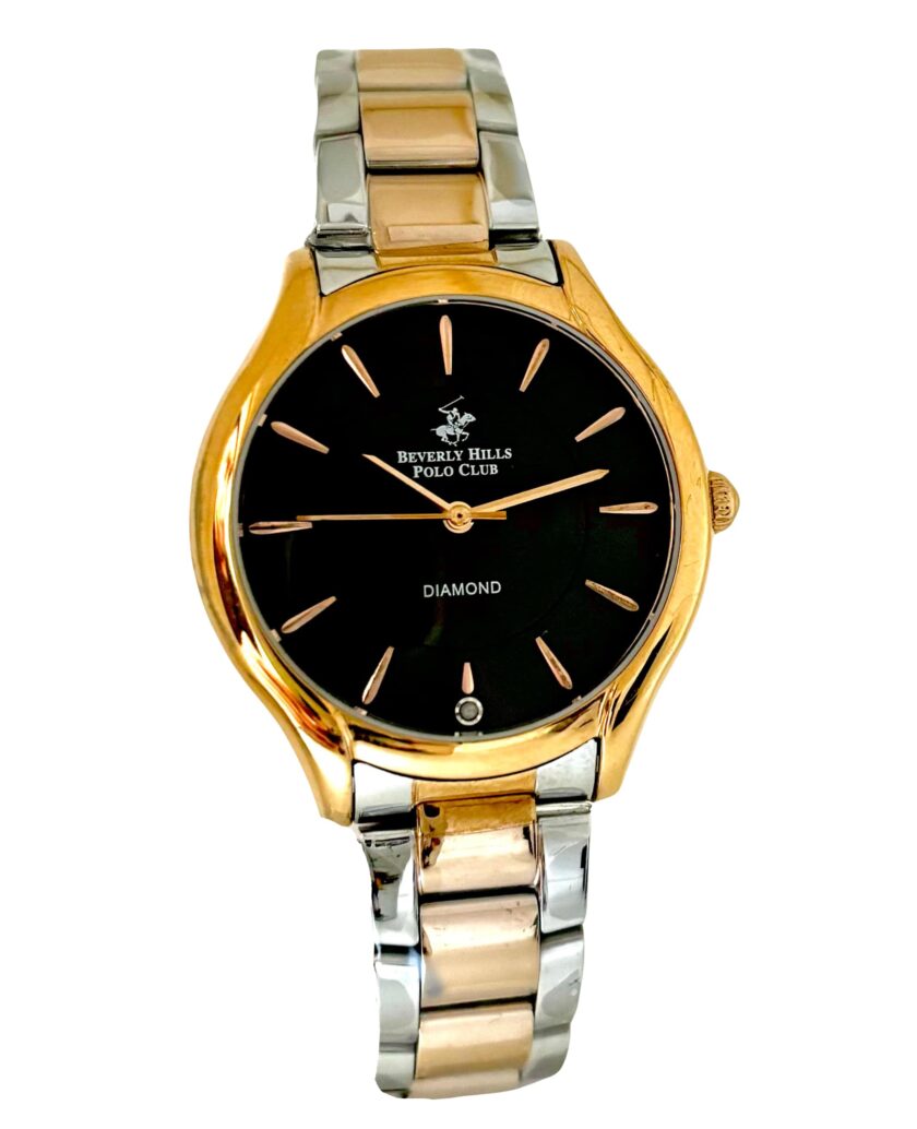 Beverly Hills Polo Club Womens Watch Analog, Black Dial Silver & Gold Stainless Band